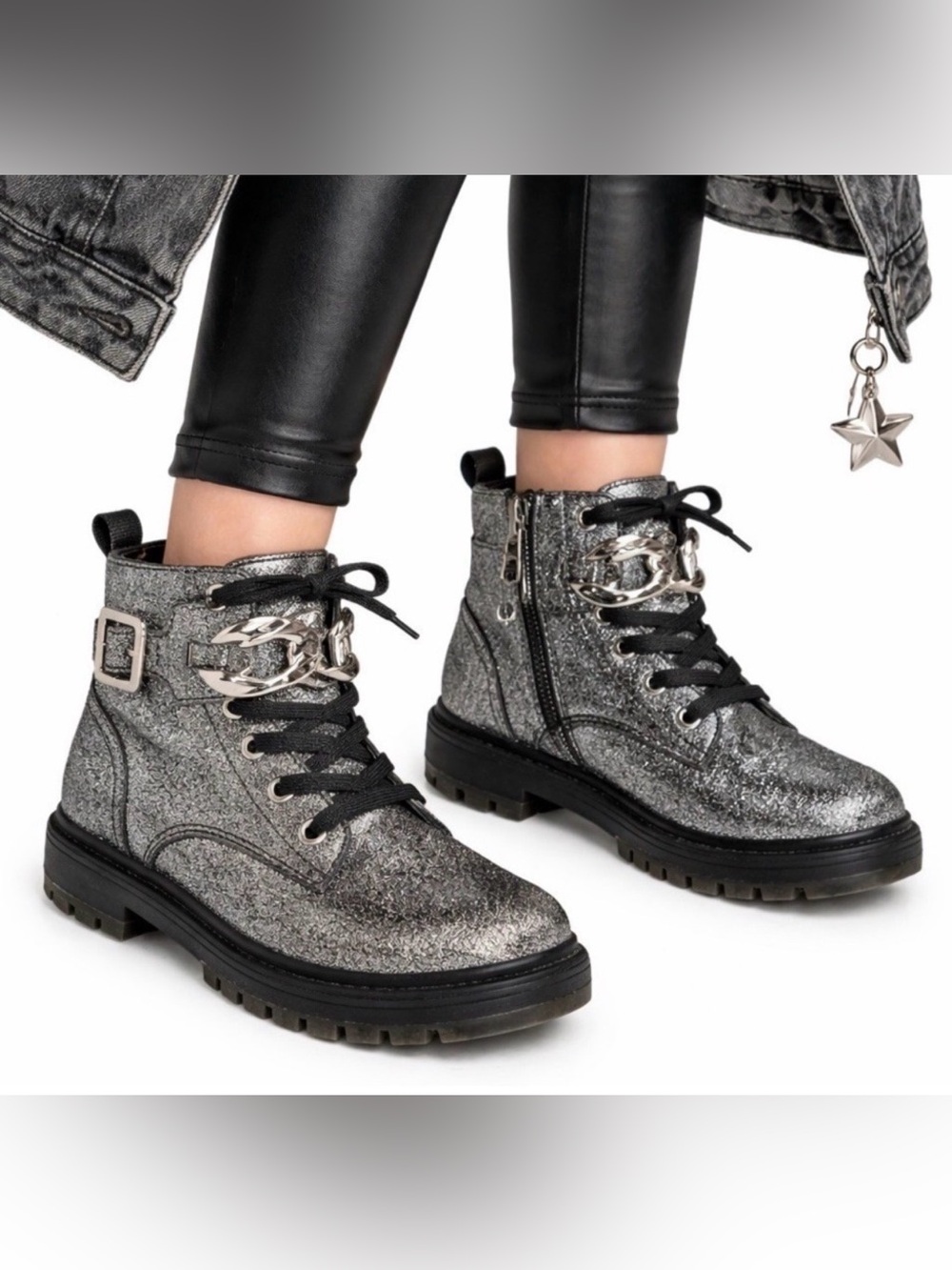 NINA Weslyn Glitter Combat Boots Girl sz 13 Silver Metallic Ankle Lug Sole Chain